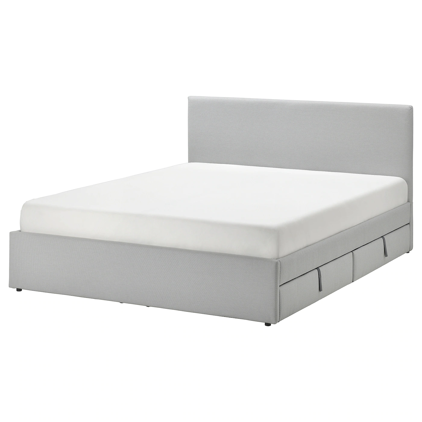 IKEA GLADSTAD Upholstered Bed, 4 Storage Boxes Kabusa Light Gray Queen