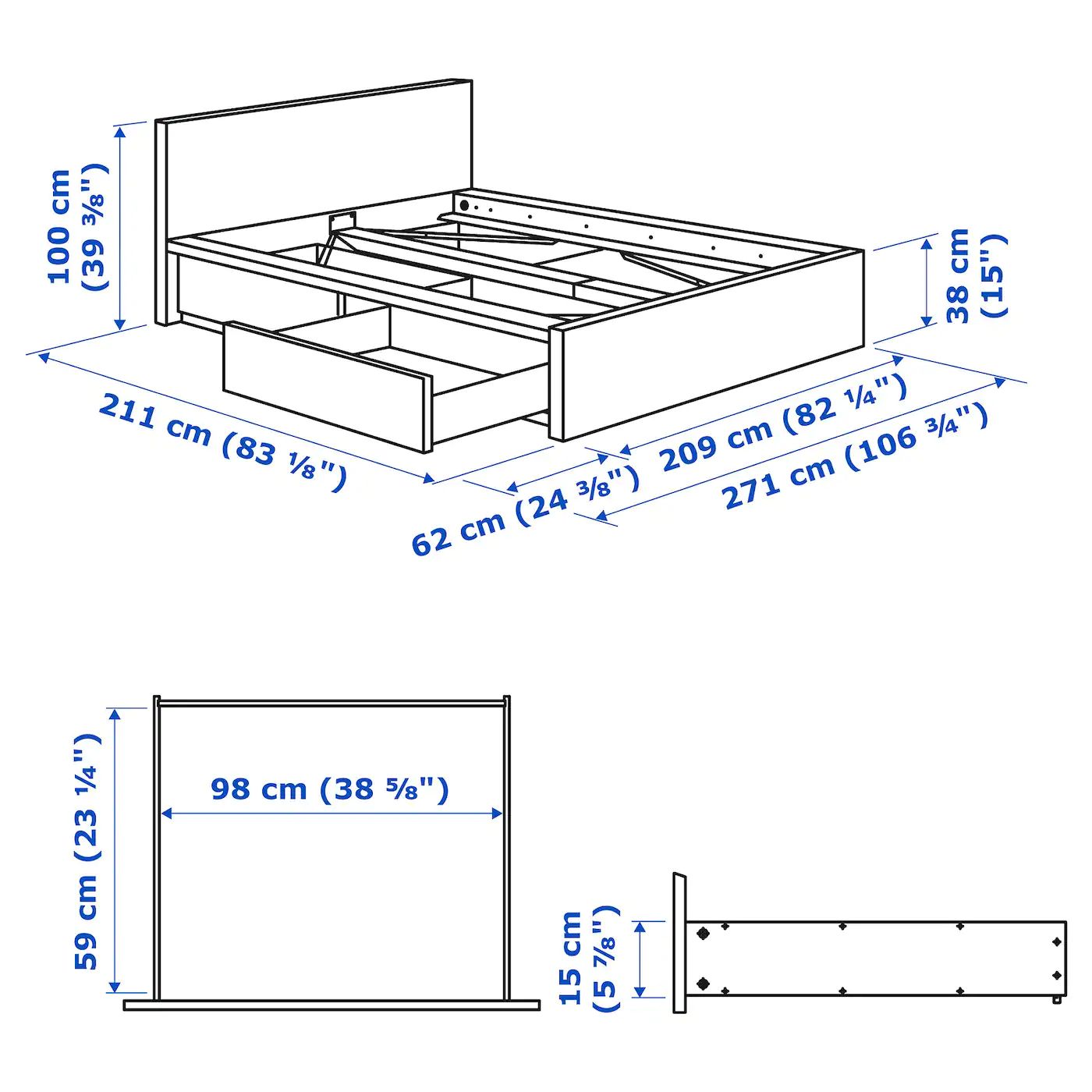 IKEA MALM High Bed Frame/2 Storage Boxes Gray Stained/Lönset King - Image 9