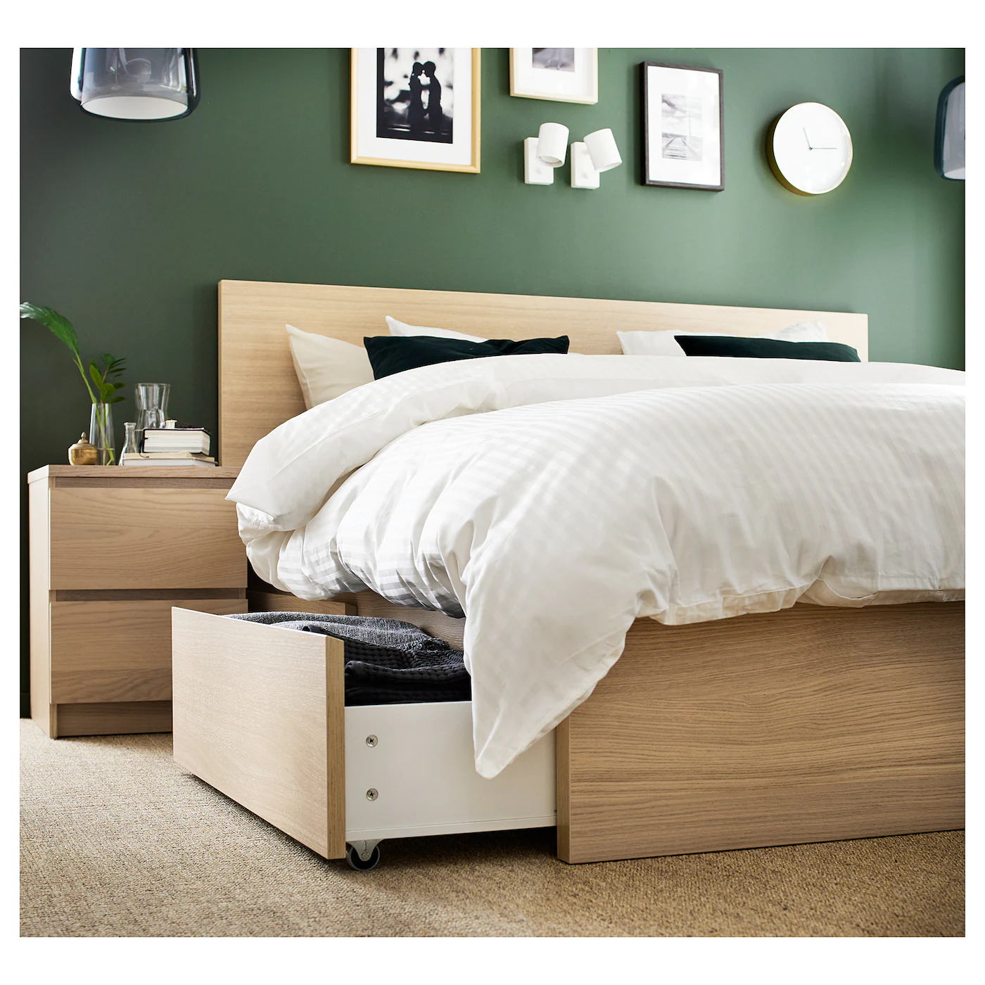 IKEA MALM High Bed Frame/4 Storage Boxes White Stained Oak Veneer/Luröy Queen - Image 4