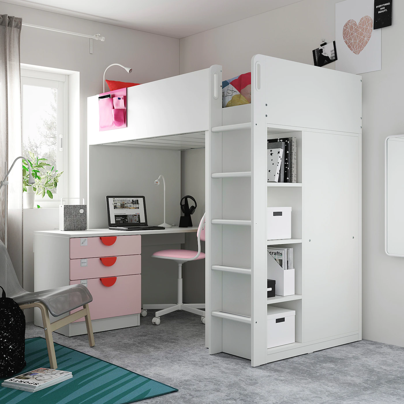 IKEA SMÅSTAD Loft Bed White Pale Pink/with Desk With 4 Drawers Twin - Image 3