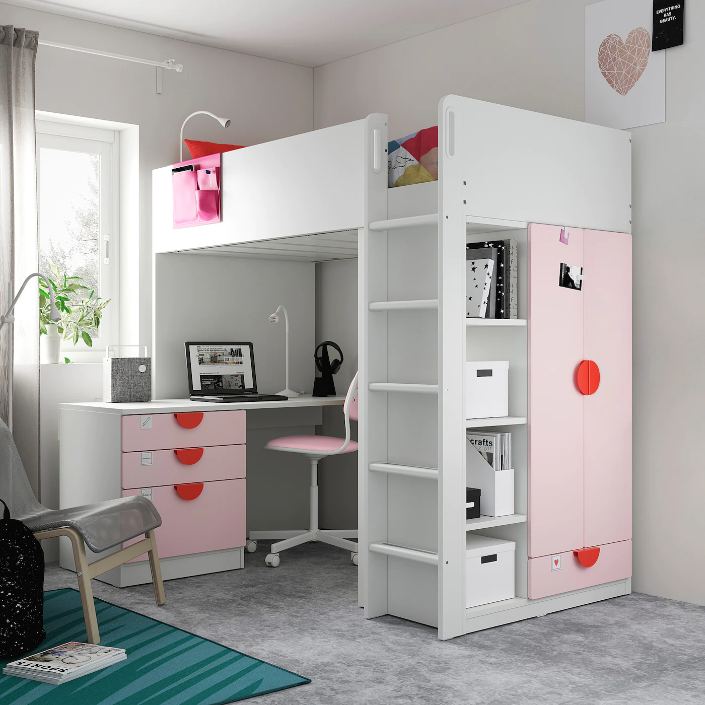 IKEA SMÅSTAD Loft Bed White Pale Pink/with Desk With 4 Drawers Twin - Image 4