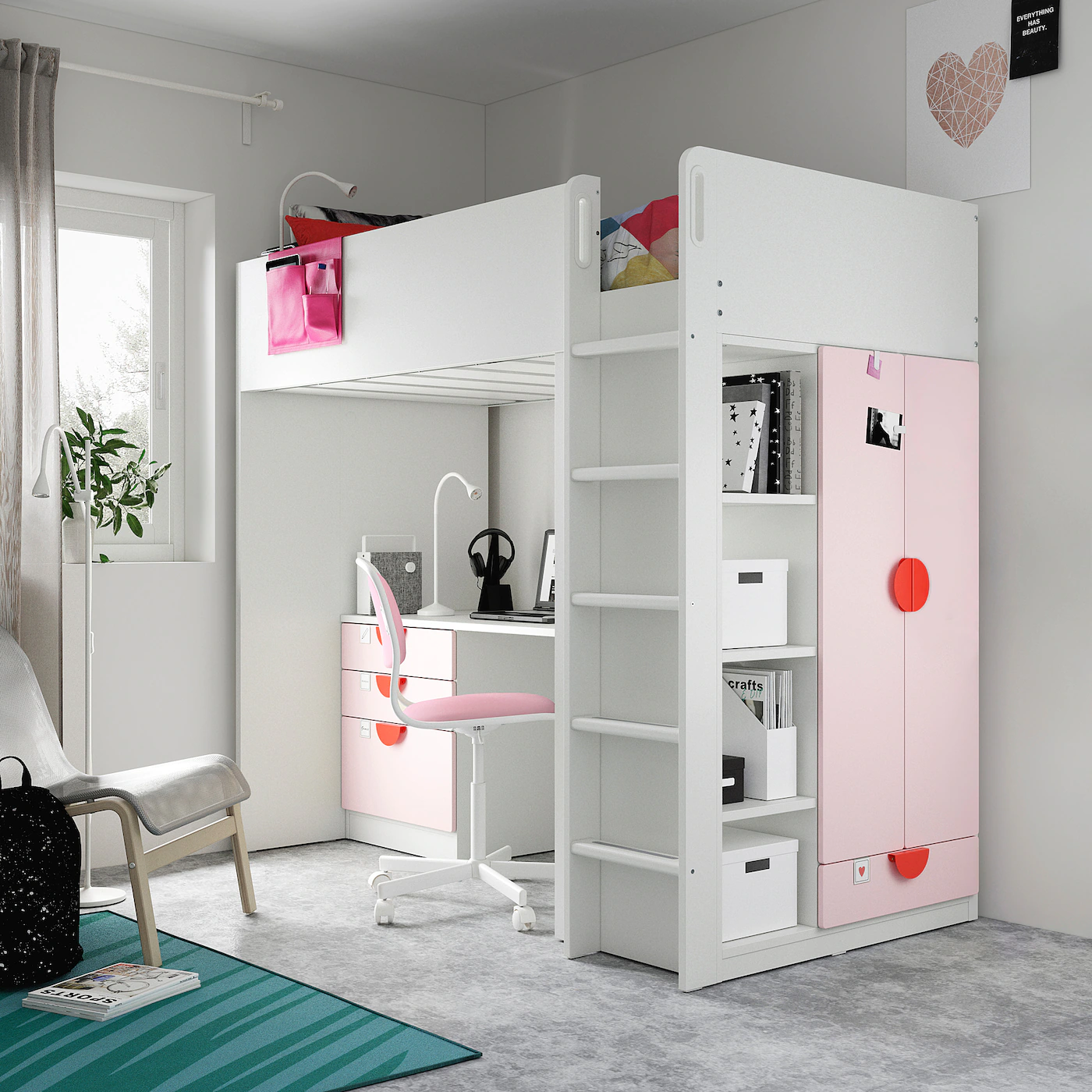 IKEA SMÅSTAD Loft Bed White Pale Pink/with Desk With 4 Drawers Twin - Image 5